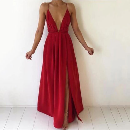 Women Summer Maxi Dress Solid Color Sexy Deep V-Neck Sleeveless Spaghetti Strap Backless High Split Long Sundress Vestidos