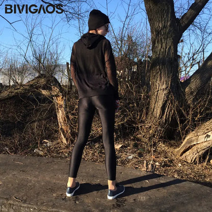 BIVIGAOS Summer Womens Colourful Super Elastic Slim Leggings Chinlon Shiny Legging Luster Foot Pants Black Skinny Leggings Women