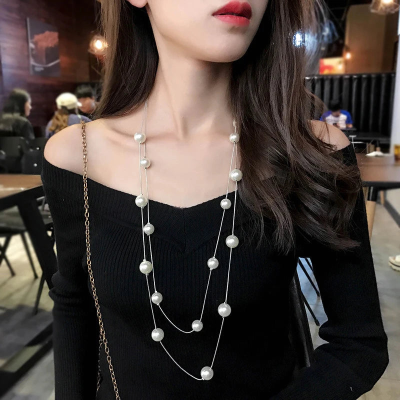 New Long Double Layer Simulated Pearl Necklace Women Sweater Chain Necklace Female Collares Statement Jewlery Wholesale 2024