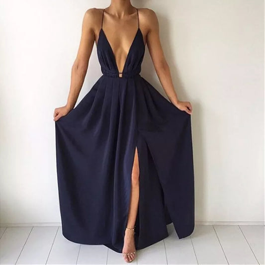 Women Summer Maxi Dress Solid Color Sexy Deep V-Neck Sleeveless Spaghetti Strap Backless High Split Long Sundress Vestidos