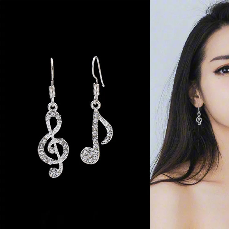 Hot Personality Geometric Music Dream Symbol Asymmetric Earrings Music Notes Ear Hook Crystal Silver Color Earrings For Women