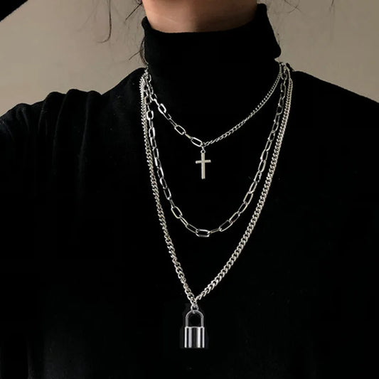 2022 moda unisex multistrato collana a catena lunga Hip Hop per donna uomo gioielli regali accessori per collana con pendente a croce chiave 