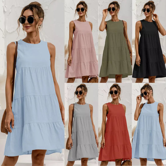 2024 Summer Women Vest Dress Cotton O-Neck Sleeveless Solid Midi Dress Stitching Large Swing dresses Loose Sundress Vestidos