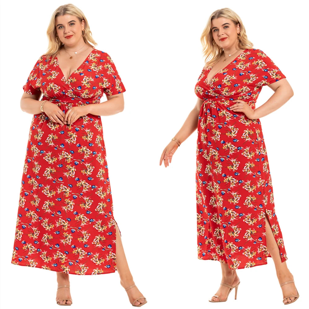 2021 Ladies Split Dress New Summer Hot Sale European And American Style Plus Size V-Neck Short Sleeve Floral Dress For Women