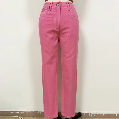 Pantaloni jeans in denim rosa con cuciture superiori a contrasto di alta qualità dei nuovi jeans firmati 2024 da donna