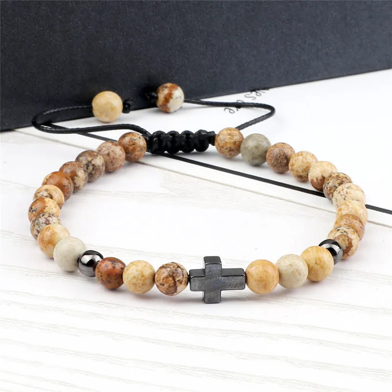 Beaded Bracelet for Men Women 6mm Natural Lava Stone Bracelets Fashion Alloy Cross Bangles Adjustable Braided Rope Jewelry