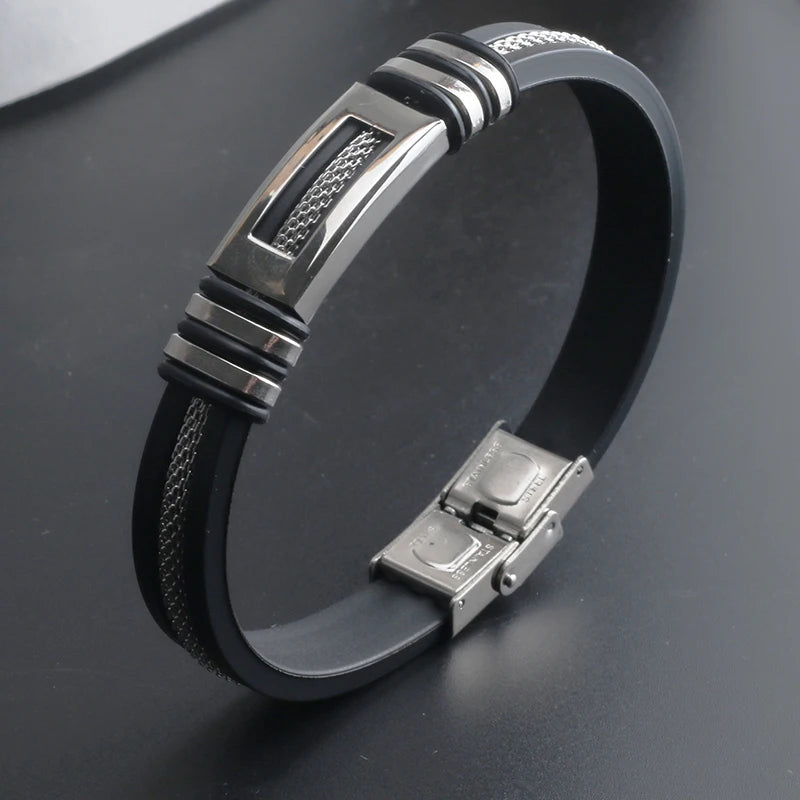 2024 Fashion Charm Jewelry Stainless Steel Silicone Bracelet Vintage Titanium Steel Bracelets Bangles Cuff Rubber Bracelet Men