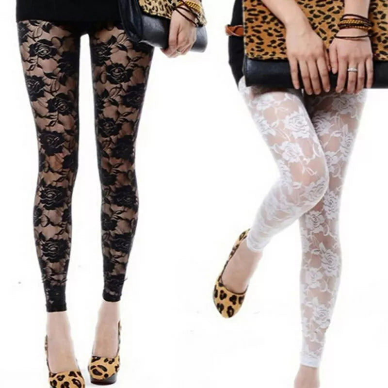 2 Colors Female Women Lace Rose Floral Stitching Thin Stretchy Tight Footless Outfits Lady Girls Floral Tight s