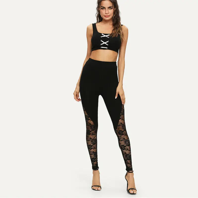 Sexy High Waist Black Lace Leggings Women's Ladies Floral Lace Side Panel Cut Out Black Leggings S M L 2XL