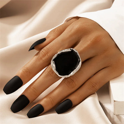 Bohemian Metal Large Black Stone Ring For Men And Women Charm Oil Dripping Large Joint Ring Gothic Stainless Steel Jewelry Gift