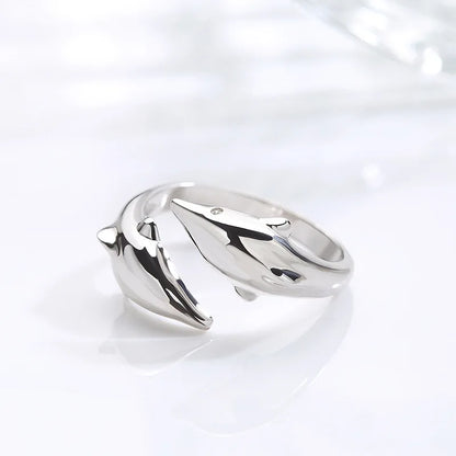 Genuine 925 Sterling Silver Smooth Surface Cute Animal Dolphin Adjustable Ring Fine Jewelry For Women Party Bijoux Gift