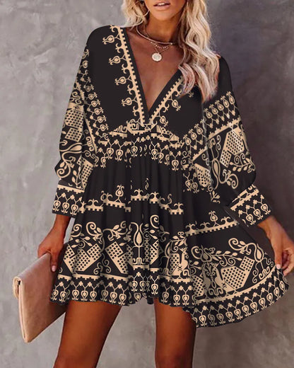 Autumn All Over Print V-Neck Fold Pleated Mini Dress 2023 Femme Casual Lace Up Back Flare Sleeve Robe Office Lady Outfits traf