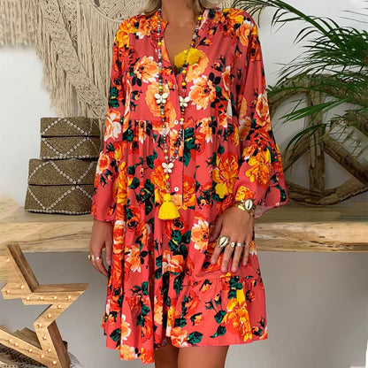 Women'S Plus Size Button Midi Dress Lady Bohemian Loose Print Three Quarter Sleeve Folk-Custom Deep V-Neck Summer Woman Dresses