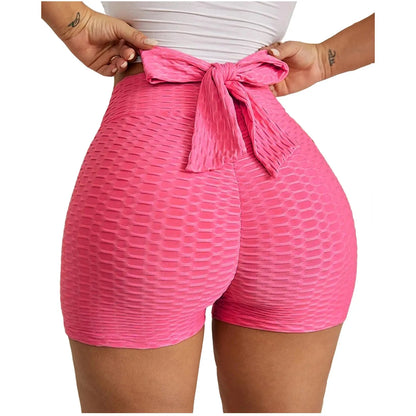 Fitness Gym Solid Shorts For Women Casual Summer Bow High Waist Running Shorts Breathable Lady Elasticity Hip Workout Tight