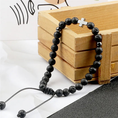 Beaded Bracelet for Men Women 6mm Natural Lava Stone Bracelets Fashion Alloy Cross Bangles Adjustable Braided Rope Jewelry