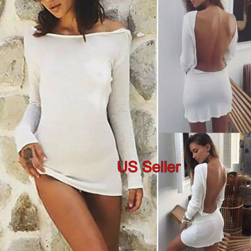 Sexy Backless White Evening Party Dress Women Elegant Long Sleeve Solid Color Loose Club Holiday Casual Mini Dress