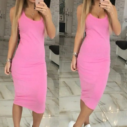 Summer Party Sexy Lady Solid Color U Neck Sleeveless Slims Fit Bodycon Pencil Dress Sexy Woman Sleeveless Dresses Solid Color Ov