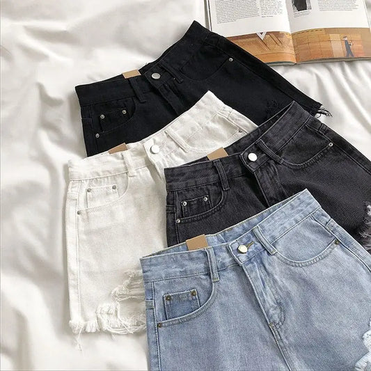 Women Wide Leg Hole Black Denim Shorts Casual Female Streetwear Loose Solid Color White Jeans Shorts Casual Female Shorts Loose