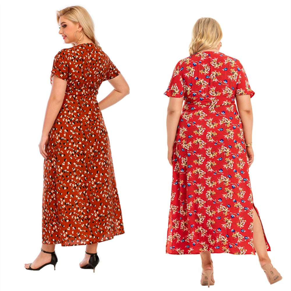 2021 Ladies Split Dress New Summer Hot Sale European And American Style Plus Size V-Neck Short Sleeve Floral Dress For Women