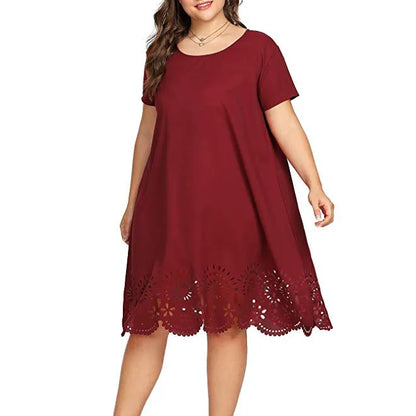 Plus Size Women Dress Sexy Lace Solid Short Sleeve O-Neck Hollow Out Casual Dress Bohemian Beach Holiday Loose Summer Mini Dress