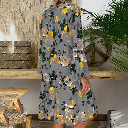 Women'S Plus Size Button Midi Dress Lady Bohemian Loose Print Three Quarter Sleeve Folk-Custom Deep V-Neck Summer Woman Dresses