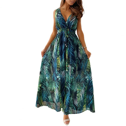 Bohemian Maxi Dresses for Women 2021 Sexy Deep V Neck Backless Lace Up Leaf Floral Print Sleeveless Beach Long Dress Summer