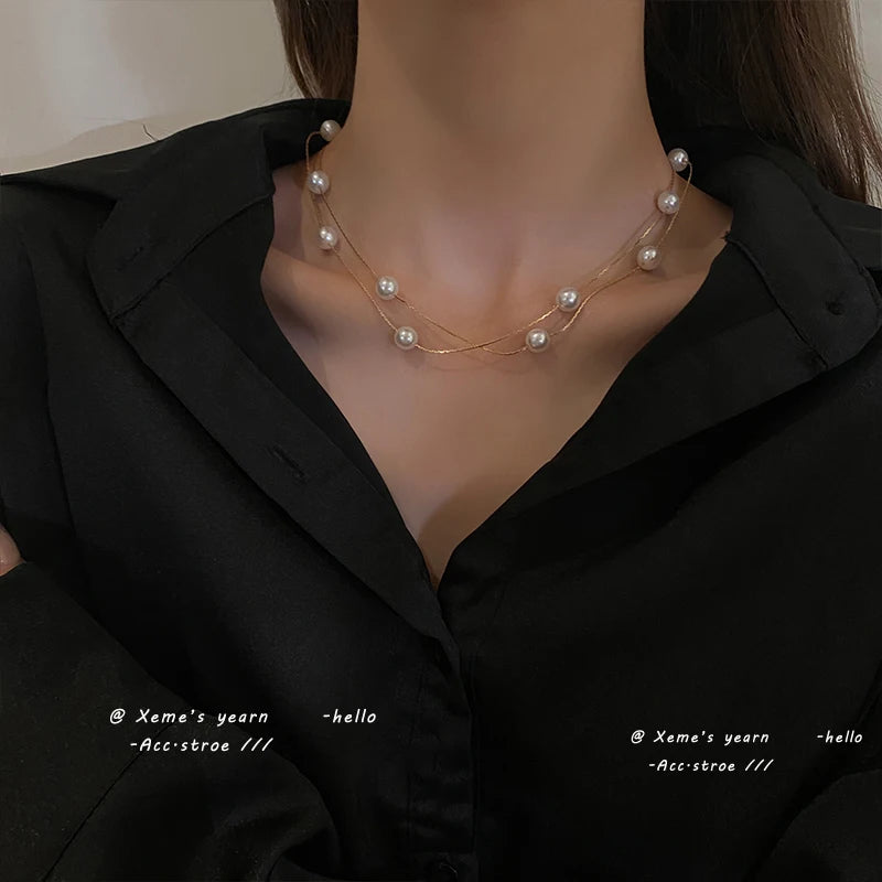European and American Elegant Double-Layer Pearl String Choker Necklace Korean Fashion Jewelry Sexy Clavicle Chain For Woman