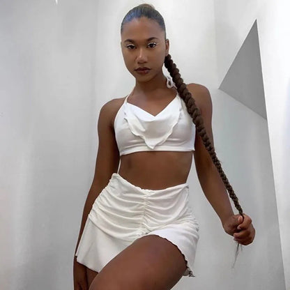 Women's 2 Piece Sexy Y2k Ruched Skirt Spring Summer 2021 Casual 90s Mini Skirt Lady Trendy Sexy High Waist Beachwear Outfit