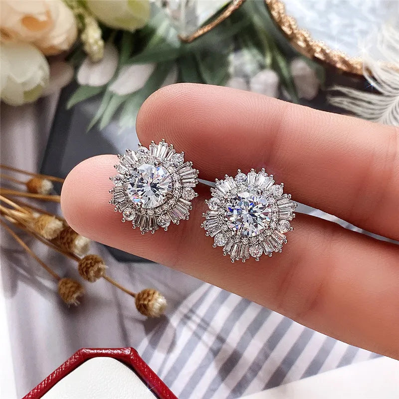 Huitan Eternity Cubic Zirconia Flower Stud Earrings for Women High Quality Wedding Accessories Classic Versatile Female Jewelry