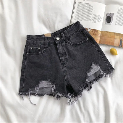 Women Wide Leg Hole Black Denim Shorts Casual Female Streetwear Loose Solid Color White Jeans Shorts Casual Female Shorts Loose Sri sampi