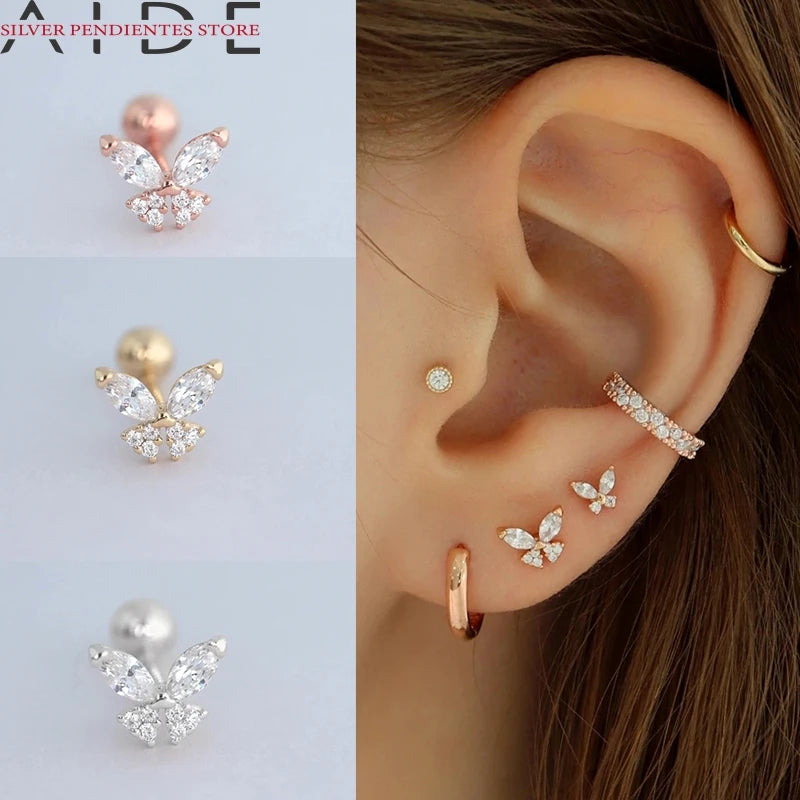 AIDE Creative Butterfly Stud Earrings Female S925 Sterling Silver Spiral Column Zircon Earrings For Women Gold Piercing Jewelry