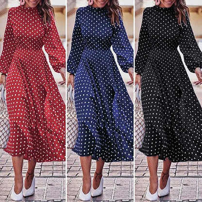 Fashion Women Dress Vintage Long Puff Sleeve Irregular Large Hem Polka Dots Party Midi Dresses for Women 2021