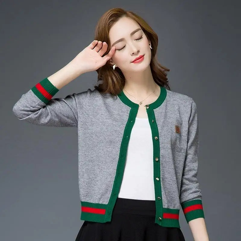 2024 Korean Fashion Woman Knitwear Striped Small Jacket Spring Autumn Short Cardigan For Women Long Sleeve Top Loose Coat Mujer