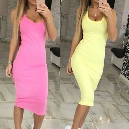 Summer Party Sexy Lady Solid Color U Neck Sleeveless Slims Fit Bodycon Pencil Dress Sexy Woman Sleeveless Dresses Solid Color Ov