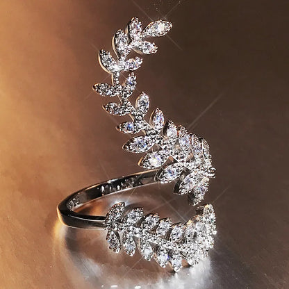 Huitan Graceful Leaves Both End of Open Ring Silver Color Girl Cocktail Party Rings Shine Crystal Zircon Fashion Women Jewelry