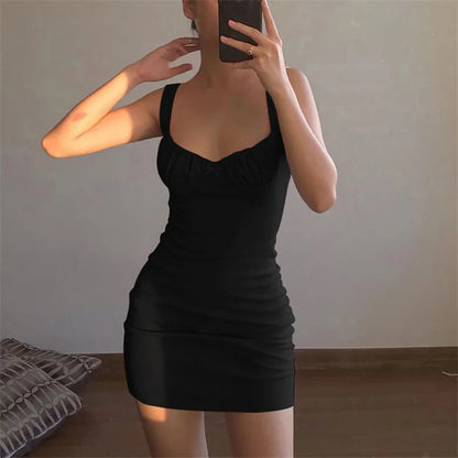 Women Sexy Suspender Solid Color Night Club Dress Summer Fashion Pleated Skinny Dress Sheath Bodycon Party Dresses Vestido