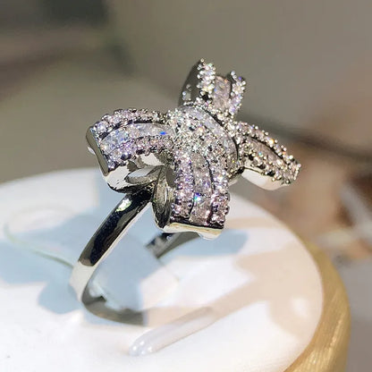 925 Silver Color Bowknot Bow Knot Bling Zircon Stone Rings for Women Fashion Wedding Engagement Jewelry