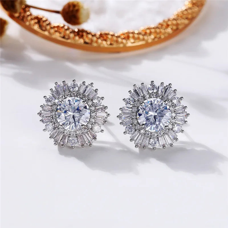 Huitan Eternity Cubic Zirconia Flower Stud Earrings for Women High Quality Wedding Accessories Classic Versatile Female Jewelry