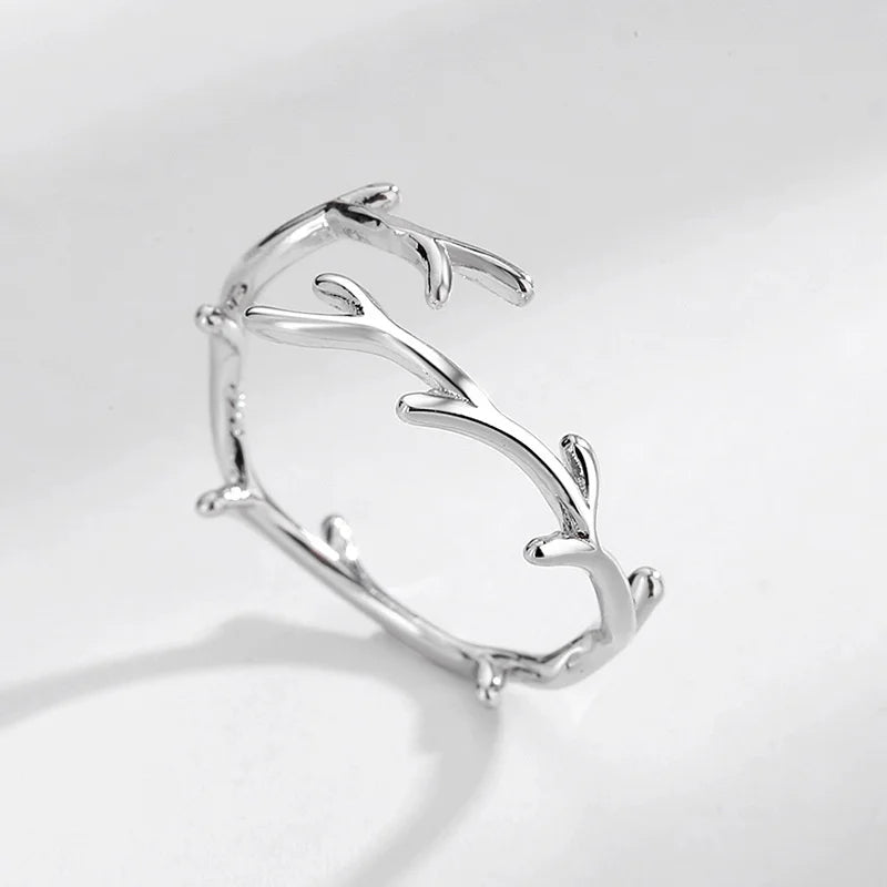 QMCOCO Simple Branch Leaf Thin Ring Silver Color Open Adjustable Ring For Women Girls Trendy Fashion Finger Jewelry Party Gifts