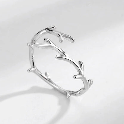 QMCOCO Simple Branch Leaf Thin Ring Silver Color Open Adjustable Ring For Women Girls Trendy Fashion Finger Jewelry Party Gifts