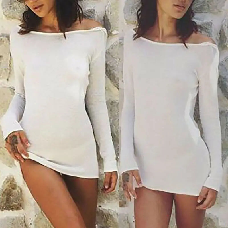 Sexy Backless White Evening Party Dress Women Elegant Long Sleeve Solid Color Loose Club Holiday Casual Mini Dress