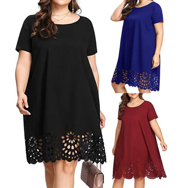 Plus Size Women Dress Sexy Lace Solid Short Sleeve O-Neck Hollow Out Casual Dress Bohemian Beach Holiday Loose Summer Mini Dress