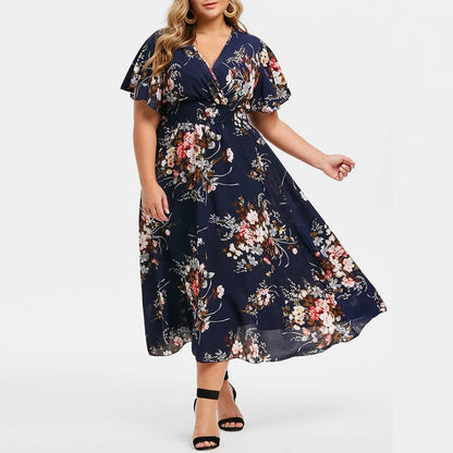 Summer Plus Size Bohemian Long Dress Women Casual Floral Printed V-neck Short Sleeve Casual Floral Beach Party Dress Vestidos