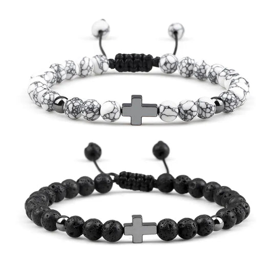 Beaded Bracelet for Men Women 6mm Natural Lava Stone Bracelets Fashion Alloy Cross Bangles Adjustable Braided Rope Jewelry