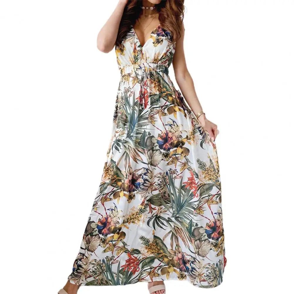 Bohemian Maxi Dresses for Women 2021 Sexy Deep V Neck Backless Lace Up Leaf Floral Print Sleeveless Beach Long Dress Summer