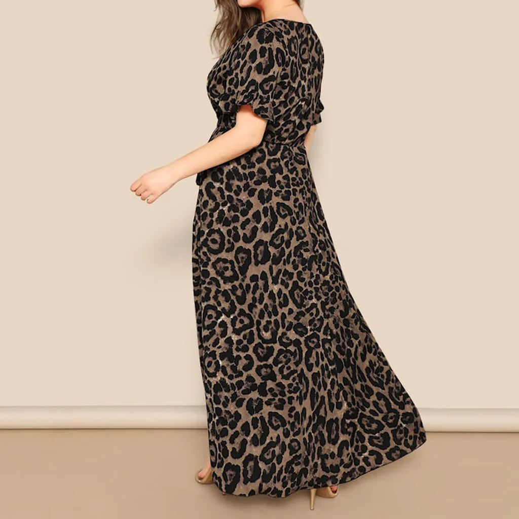 Fashion Women Sexy Summer Dress 2021 Plus Size Leopard Print V-Neck Loose Belt Streetwear Short Sleeve Bandage Maxi Dresses