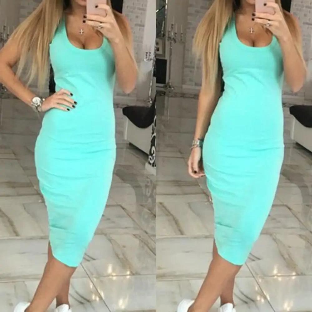 Summer Party Sexy Lady Solid Color U Neck Sleeveless Slims Fit Bodycon Pencil Dress Sexy Woman Sleeveless Dresses Solid Color Ov