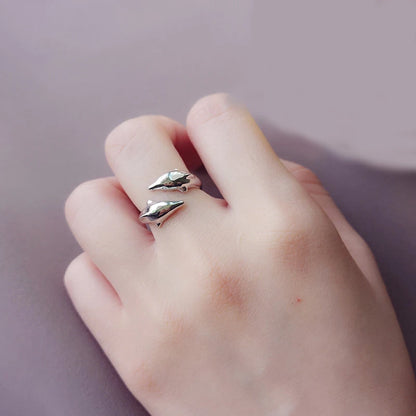 Genuine 925 Sterling Silver Smooth Surface Cute Animal Dolphin Adjustable Ring Fine Jewelry For Women Party Bijoux Gift