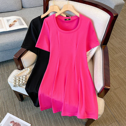 Plus Size women's summer casual dress Round neck polyester solid color party dress waist design comfortable breathable commuter