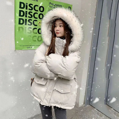 Lucyever Short Hooded Down Cotton Parkas Women 2023 Winter New Thick Warm Padded Jacket Ladies Korean Fur Collar Snow Wear Coat